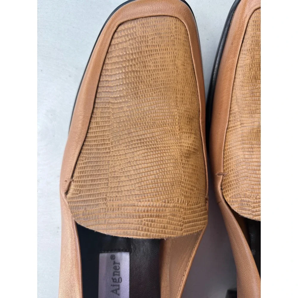 Etienne Aigner Rush Tan Leather Square Toe Loafers Low Block Heel Womens 7.5M